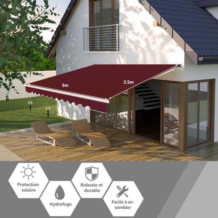 COSTWAY Retractable Balcony Awning 3 x 2.5M - UV and Water Resistant Fabric, Aluminum Frame, Adjustable Angle 5-35°, Wine Red