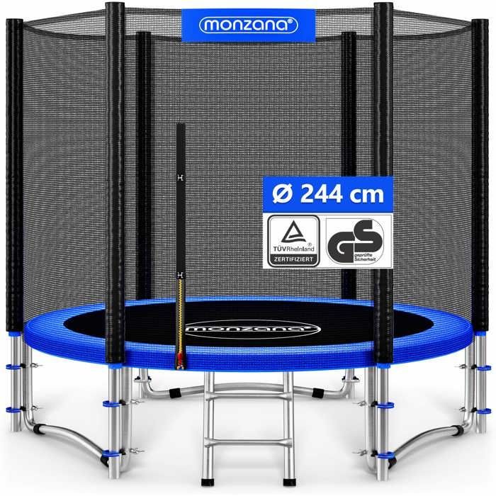 Cama elástica redonda para exteriores MONZANA® Ø244cm máx. 120kg. Incluye juego completo con red de seguridad, puerta de acceso, escalera y lona de salto.