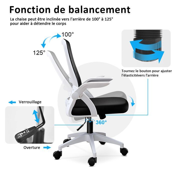 Chaise de bureau - MAGICFOX - Ergonomique - Dossier en maille - Réglable en hauteur - Blanc