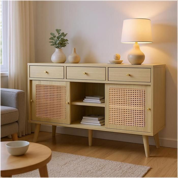 MEUBLES COSY Buffet rétro en bois chêne avec 3 tiroirs, 3 portes coulissantes en rotin et étagères réglables – 120x40x78 cm