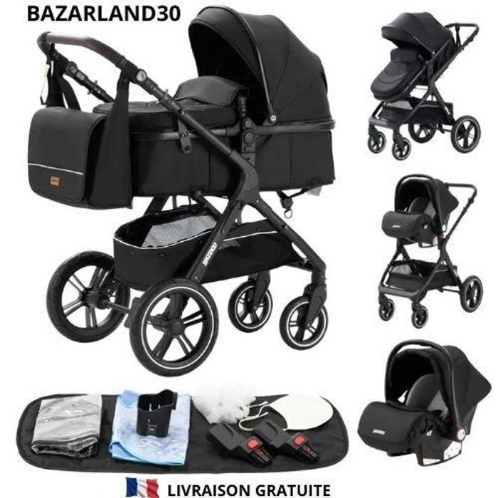 BAZARLAND 30. 3-in-1 Baby Stroller Combination Car Seat Carrycot Trio Reversible Adjustable High Quality Puncture-Proof Wheels Push Handle. Black