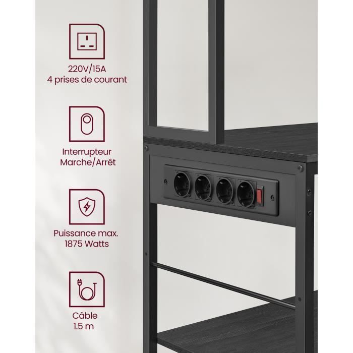 Carrito de cocina - VASAGLE - Estantería de cocina con regleta - Estantes ajustables, gris antracita y negro tinta