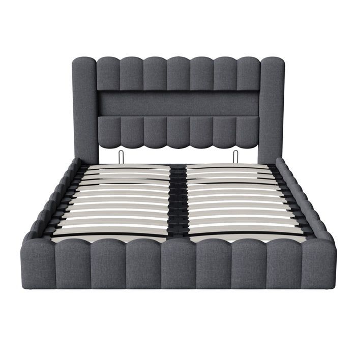 160x200cm Bed - 160x200cm Storage Bed and Slatted Base - RGB LED Headboard, USB/Type-C Ports - Mattress Not Included - Grey Linen Fabric