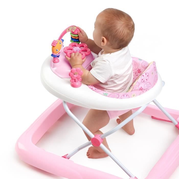 BRIGHT STARTS Trotteur pour  bébé fille évolutif et pliable 2-en-1 - Jardin Rose - cadeau bébé, Musique, Hauteur Réglable