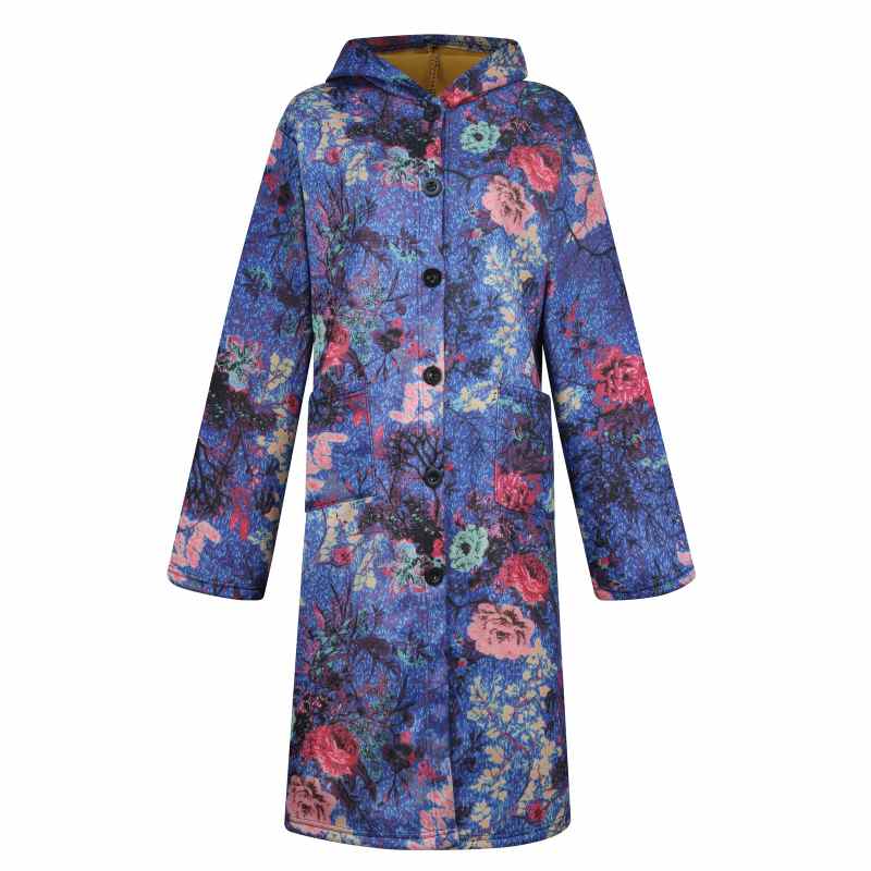 Manteau d'hiver femme à boutons, style ethnique, imprimé, en peluche tie-dye, long, à capuche, en coton.