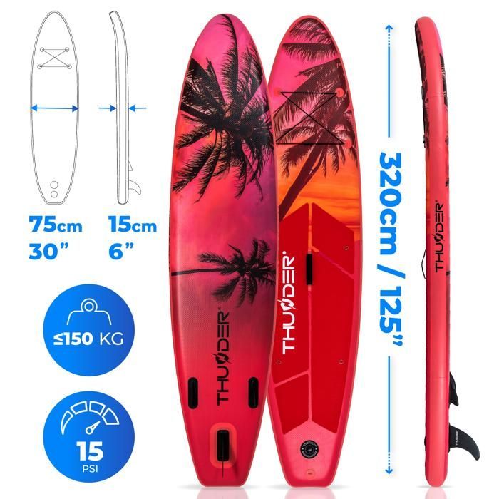 THUNDER® Tavola da Stand Up Paddle gonfiabile per touring | Accessorio completo | 320 cm | PVC | Stile ISLE | Rosa