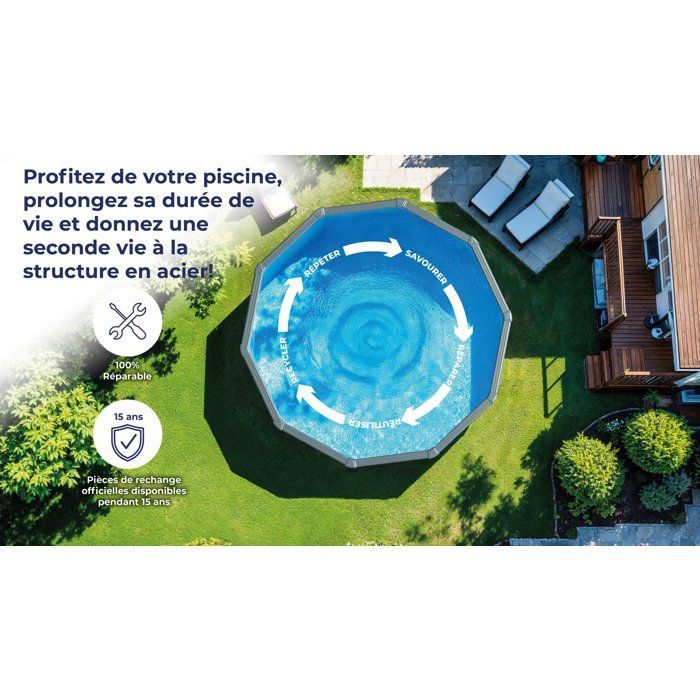 GRE - Kit de piscina redonda de aço branca para instalação acima do solo, Ø300 x 122 cm (Fornecido com filtro de areia e escada)