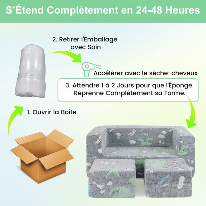 COSTWAY Canapé Modulaire Phosphorescent pour 2 Enfants Pliable 3 en 1, Housse en Flanelle Amovible 100 x 50,5 x 40 cm, Gris