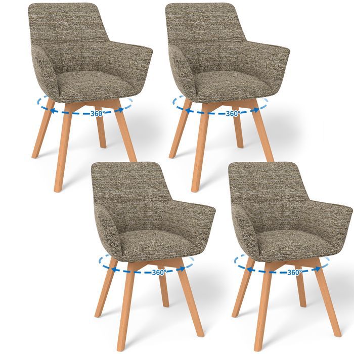 WAFTING Set of 4 Swivel Dining Chairs with Armrests, Upholstered Armchair with Cotton Backrest, Brown