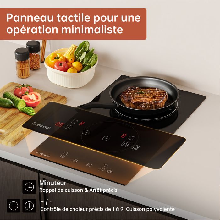 Gudsunal elektrische keramische kookplaat, 2 branders, 3000W, 9 vermogensniveaus, timer