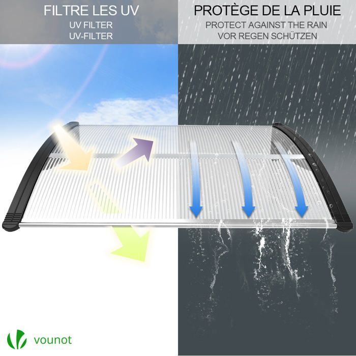 VOUNOT® Marquise auvent de porte d'entrée 120x80cm avec support central - Polycarbonate transparent - Anti-UV - Noir