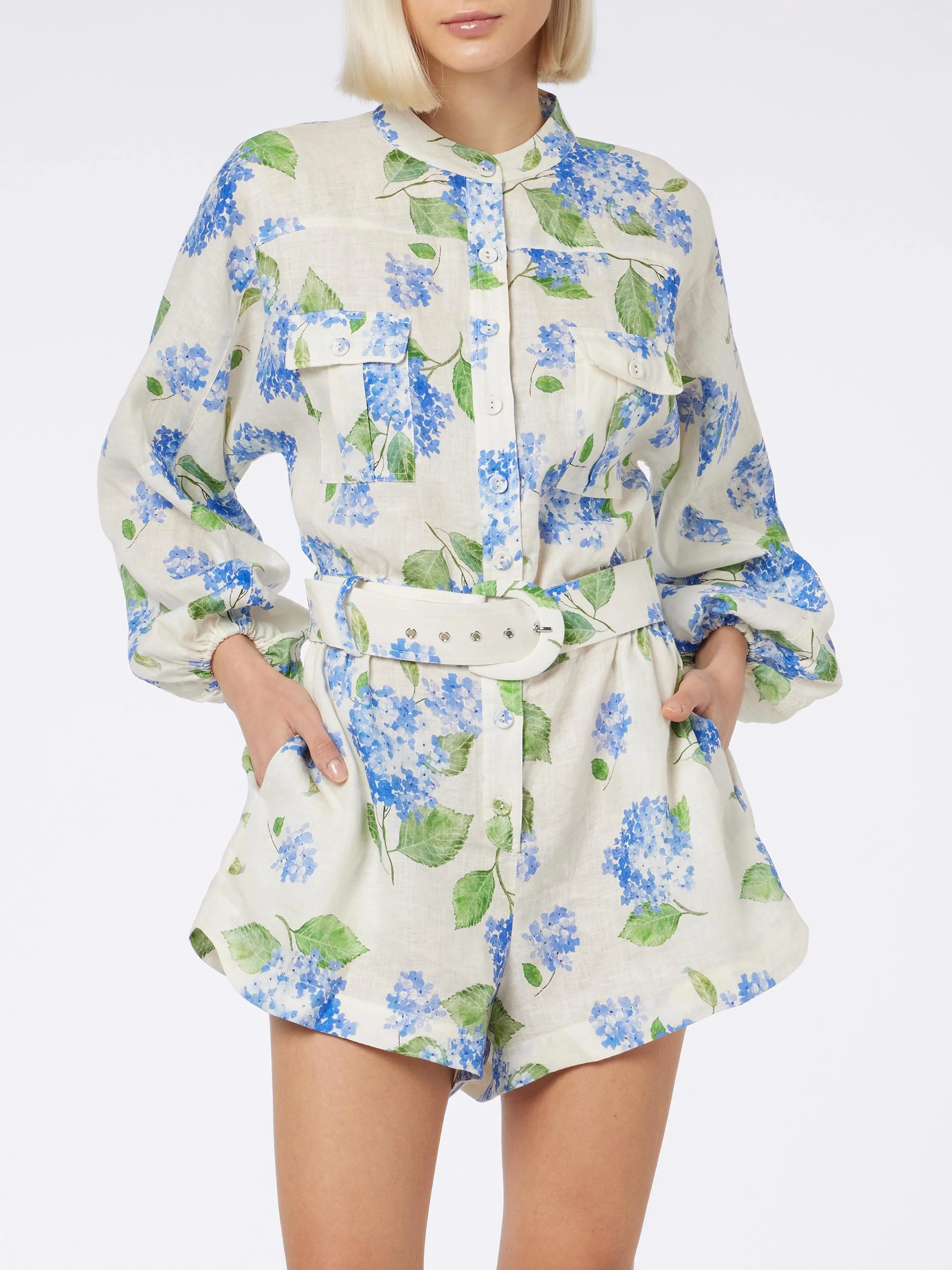 Woman Floral Linen Playsuit Hanniel | Long-Sleeved | Lilac Flower Print | Buttoned Front | Elastic Waist & Fabric Belt |100% Linen | MC2 Saint Barth