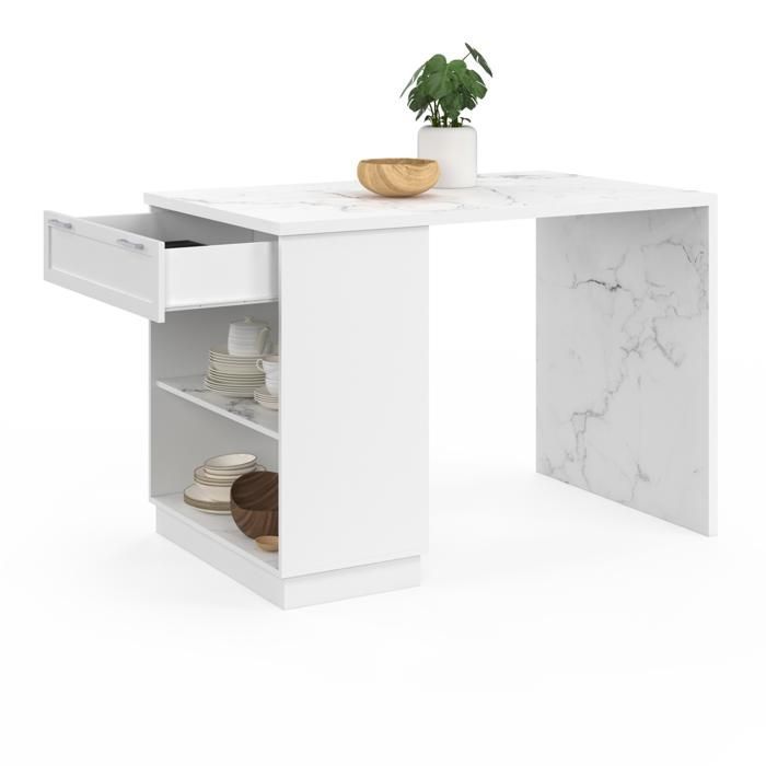 Isla de cocina alta IDMARKET VITO de 130 cm, color blanco, para 4 personas, con encimera de mármol ALASKA.