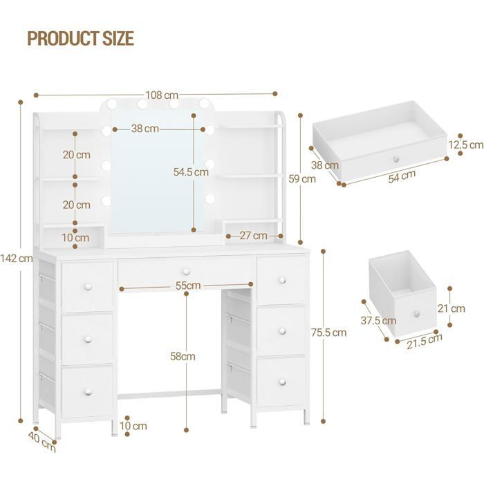 Tocador con iluminación LED, tocador con espejo HD grande, 7 cajones y 6 estantes de almacenamiento, tocador para dormitorio, moderno, blanco.