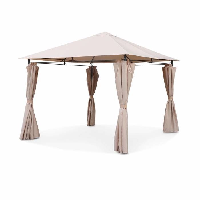 Cenador de 3x3 m - Elusa - Lona beige - Pérgola con cortinas. Carpa de jardín. Carpa para eventos.