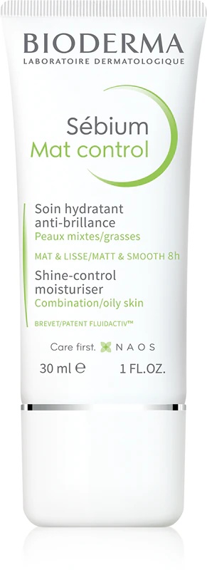 „Bioderma Sébium Mat Control“ lengvas drėkinamasis kremas nuo blizgesio ir išsiplėtusių porų.