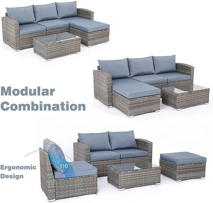 Conjunto de muebles de jardín Mondeer de 5 piezas, muebles de jardín de resina y mimbre para 4 personas, color gris.