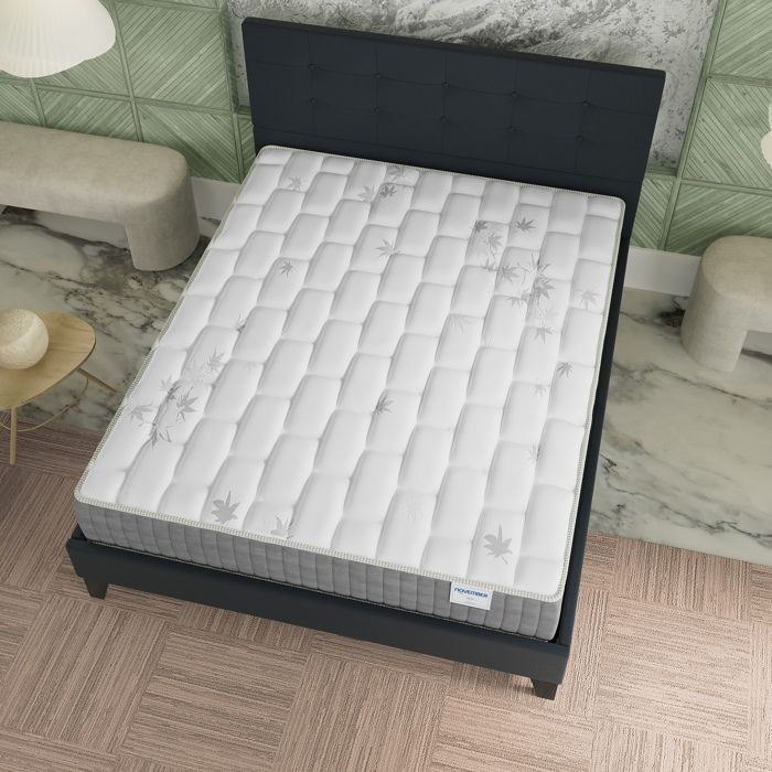 Colchón y cama (140x200cm) - Galice 25cm Muelles ensacados y espuma viscoelástica + Base de láminas y cabecero tapizados en negro