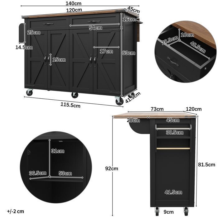 Aparador de cocina con ruedas, 2 cajones, 4 puertas, encimera, MDF, especiero, toallero, 140x73x93cm, negro