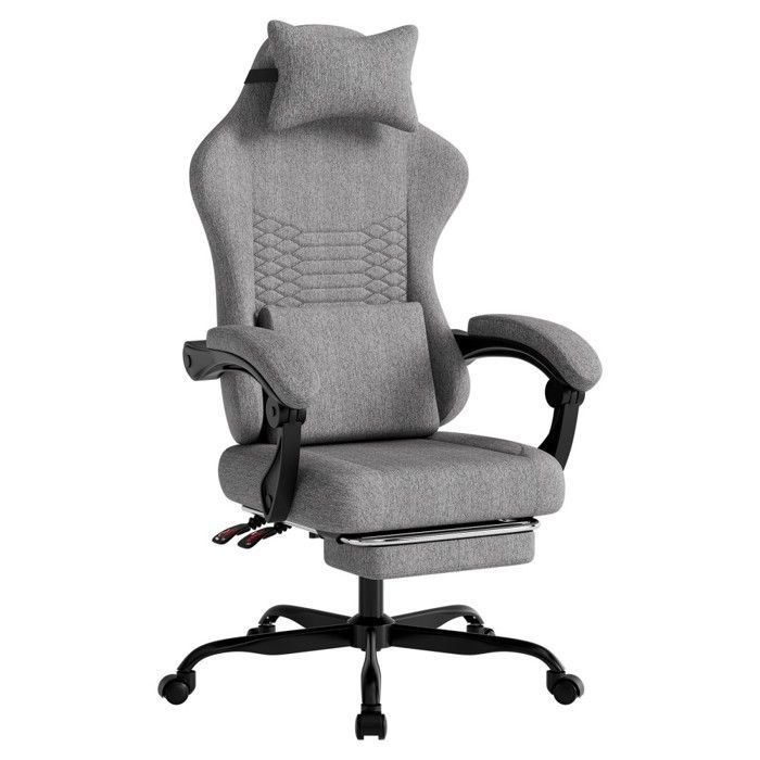 Gaming-Bürostuhl, ergonomischer Gaming-Stuhl mit Massagefunktion, Kopfstütze, Fußstütze, Hellgrau, 58,5 x 63 x 120,5 cm