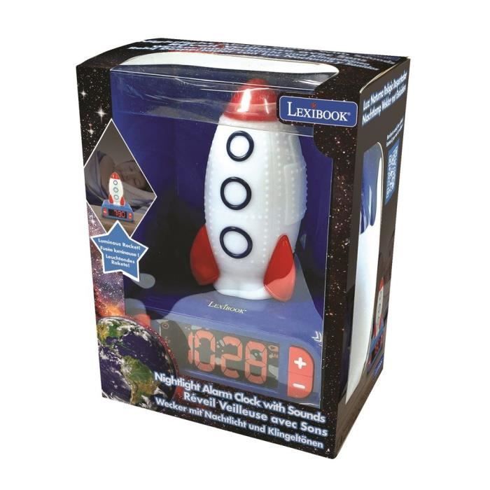 LEXIBOOK Digitaler Wecker mit Nachtlicht – Rakete – 3D-Licht und Sound – Blau, Weiß und Rot – Kinder