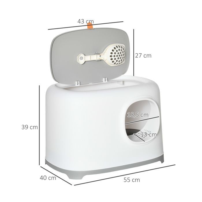 Arenero para gatos PawHut - Bandeja cerrada con tapa y pala - PP - 55x40x39cm - Blanco