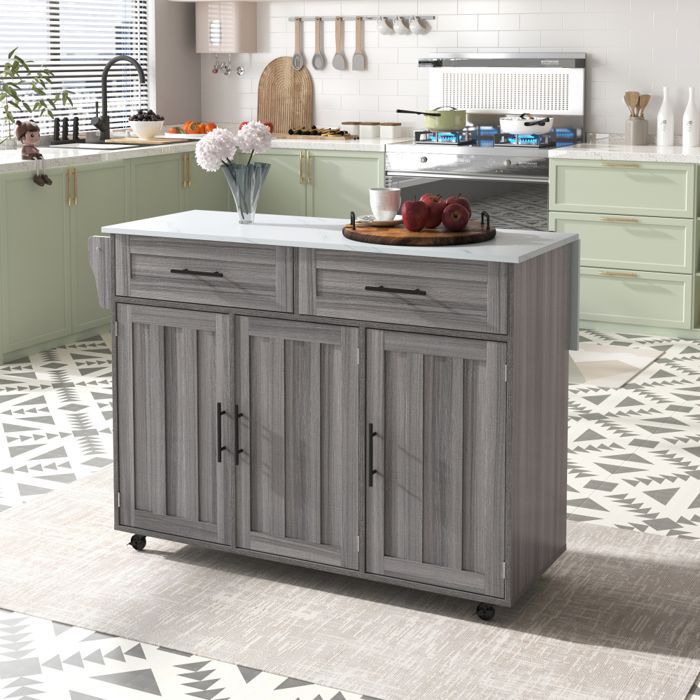 Desserte à Roulettes Cuisine rangement en bois multifonctionnelle avec plan de travail -avec tiroir-L129 x P46(71) x H91.5 cm-Gris