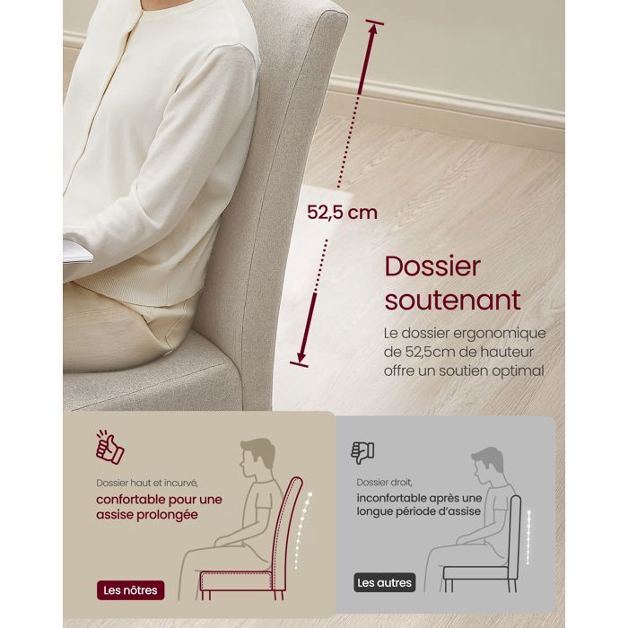Chaises Salle à Manger - VASAGLE - Lot de 6 - Dossier Haut - Assise Épaisse - 58x48x100 cm - Blanc