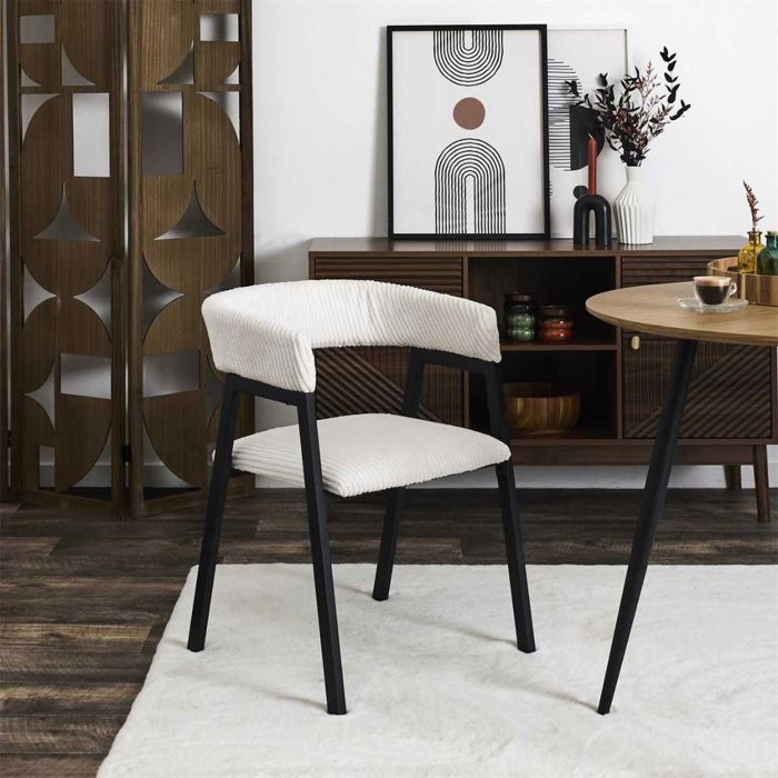 Lot de 2 fauteuils de table design en métal et velours côtelé coloris crème - AMORY