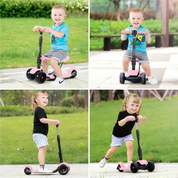 Trottinette Enfants 3 Roues YOLEO avec Siège Réglable et Roues à LED - Rose