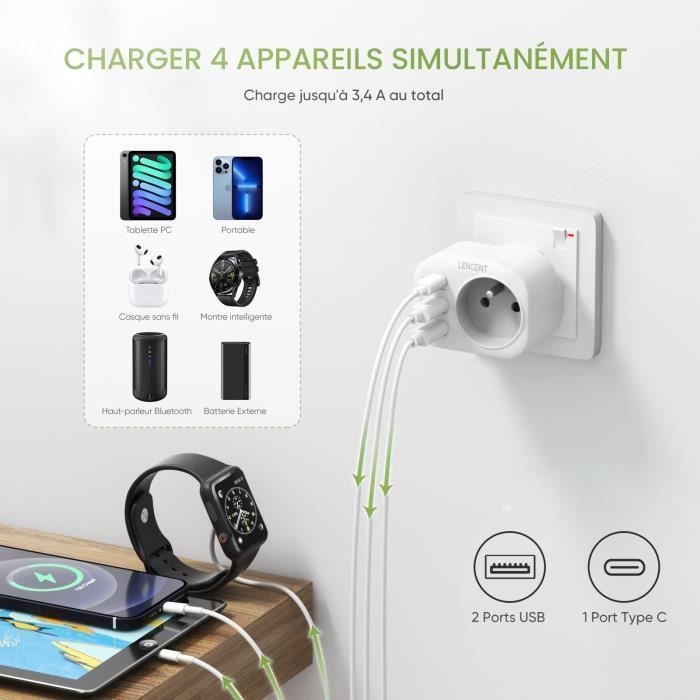Adaptateur de Prise - LENCENT - France vers UK - 2 Ports USB - 1 Type-C - Ignifuge