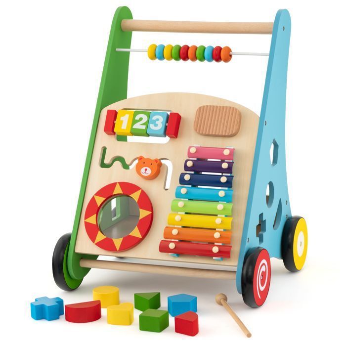DREAMADE Wooden Baby Walker for Ages 1+ Years, 7-in-1 Multi-Activity Toddler Walker with Storage Box & 8 Blocks & 1