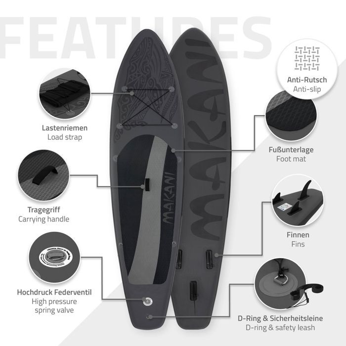 ECD Germany Stand Up Paddle Board Gonflable Makani | 320 x 82 x 15 cm | jusqu'à 150 kg | PVC | Noir | Pompe à Air Pagaie Sac
