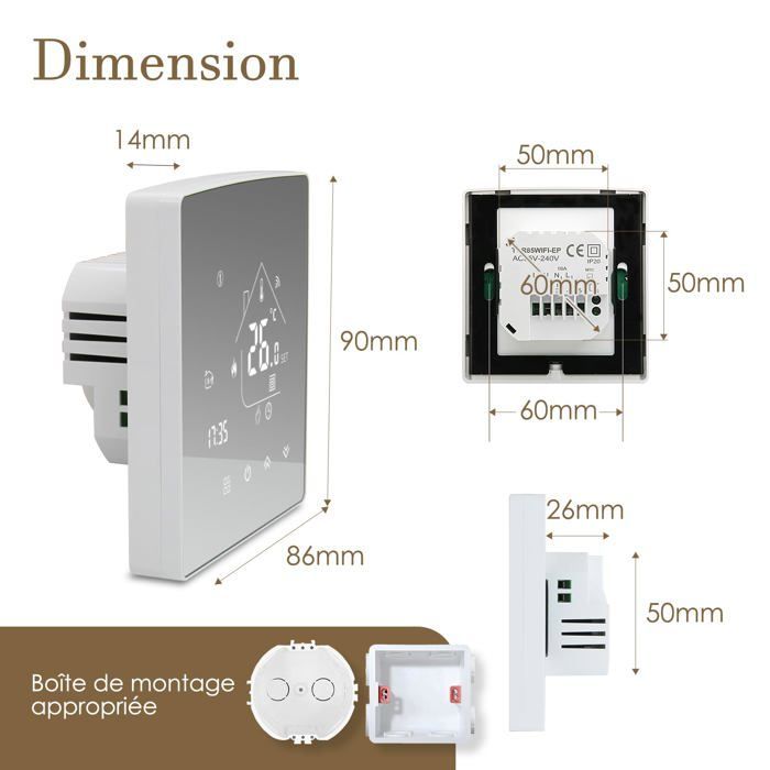 Termostato programmabile - AIMOONSA - Termostato Smart WiFi - Tuya Wi‑Fi - Google Home/Alexa - Programmabile 5+1+1