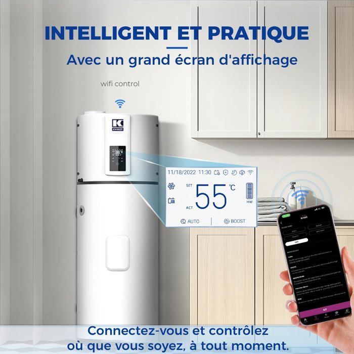 Chauffe-eau - Pompe à chaleur verticale - 185 L - R290 - Idéal pour les hôtels, l'extérieur, etc. - Wi-Fi - Compatible solaire