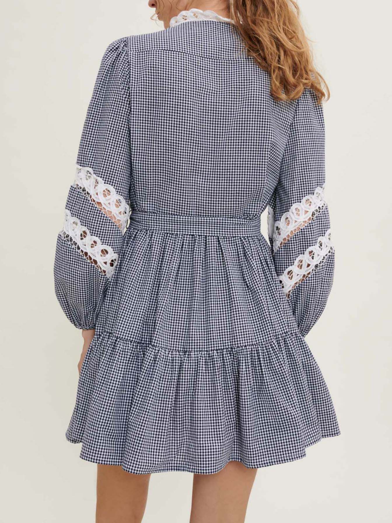 Rochie în carouri Vichy și dantelă - Bleumarin / Ecru