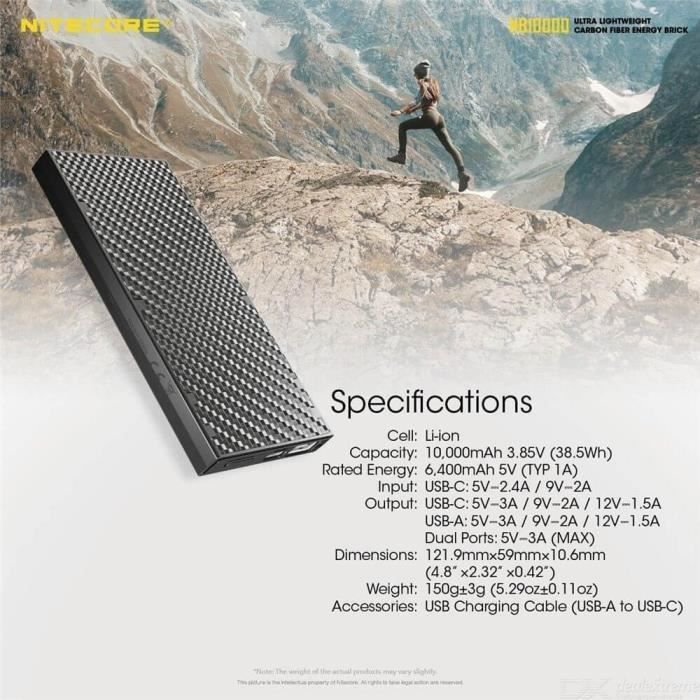 Externer Akku – NITECORE – NB10000 – 10000 mAh – 2 USB-Anschlüsse – Ultraleicht und robust