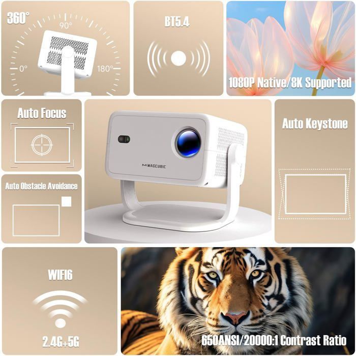 Proyector mini TRAHOO 1080P - Compatible con 4K - Giratorio 180° - WiFi 6 - Bluetooth 5.2