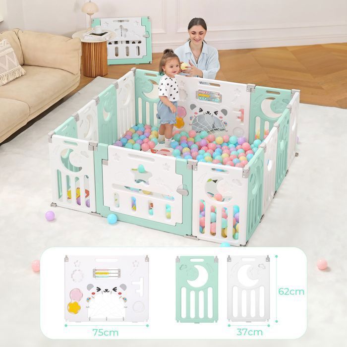 Baby Playpen 12+2 Panels, XL Modular Playpen with Safety Lock, Adjustable Shape, Foldable, Baby Gate, Green