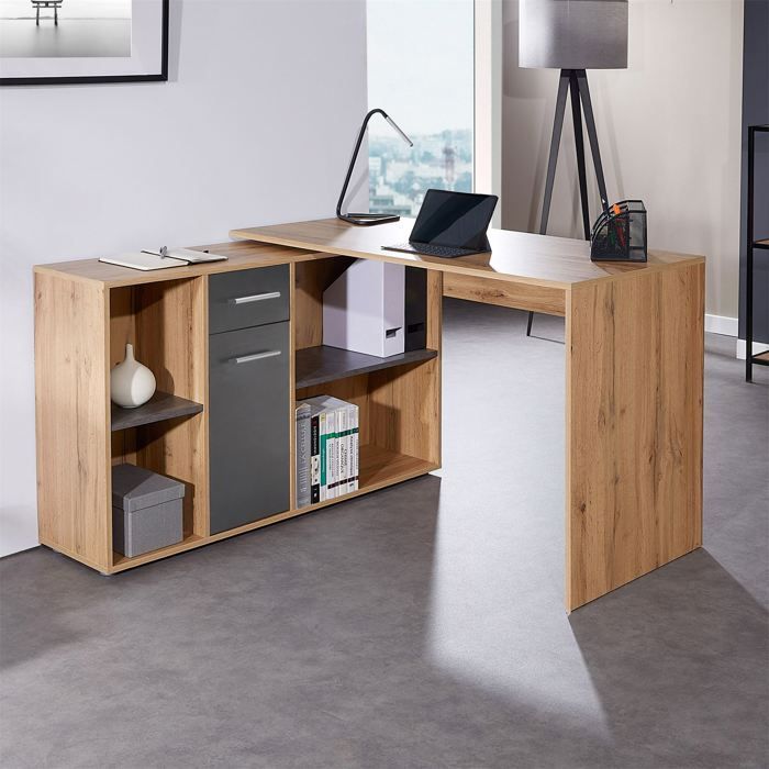 Bureau d'angle CARMEN table meuble de rangement intégré 4 étagères 1 porte et 1 tiroir, décor chêne sauvage/béton foncé