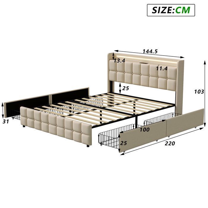 Cama doble de 140x200 cm con iluminación LED y 4 cajones, puerto USB, cama individual de 140x200 cm con somier de láminas, cama de 140x200 cm, tela de lino, beige