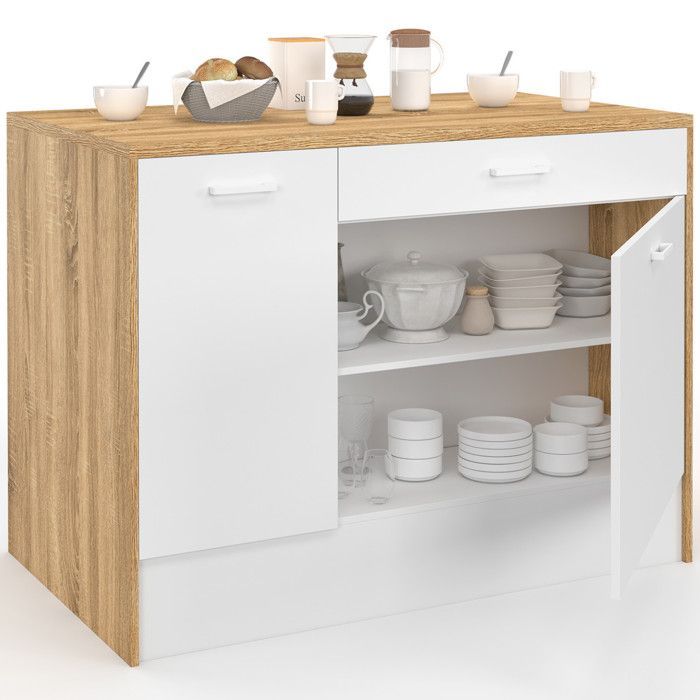 Isla central IDMARKET LIO con máxima capacidad de almacenamiento, madera y blanco.