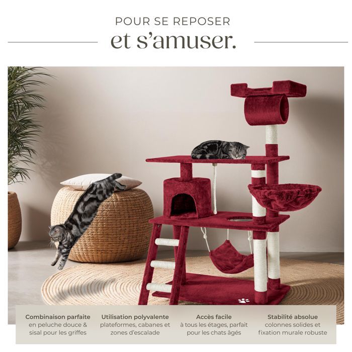 Arbre à chat - TECTAKE - Mobilier pour chat MARCEL 141 cm de hauteur avec cordelette, griffoir et zones de couchage - Rouge