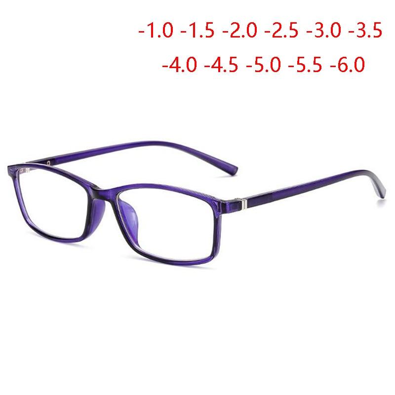 Quadratische, transparente, violette Kurzsichtigkeitsbrille für Schüler, Unisex, Stärken 0, 1 und 1,5