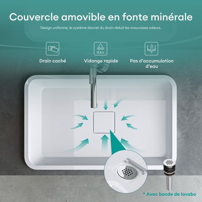 Mai & Mai® Vasque à Encastrer Blanc Rectangulaire 60cm Lavabo Salle de Bain Évier Lave Mains avec Cache Bonde Col104