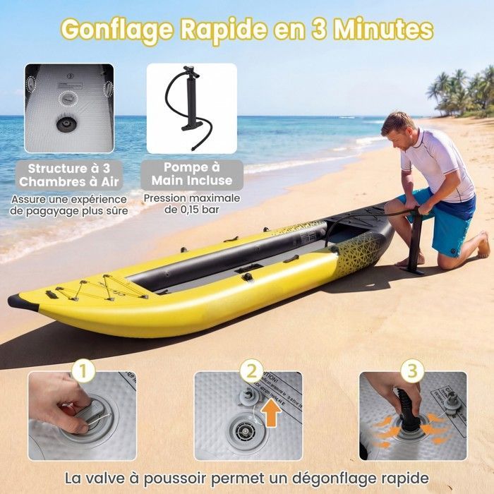 Kayak hinchable COSTWAY para 2 personas, 381x94x40cm - 2 remos de aluminio, 2 aletas desmontables, kit de reparación - Bomba manual - 230kg - Amarillo