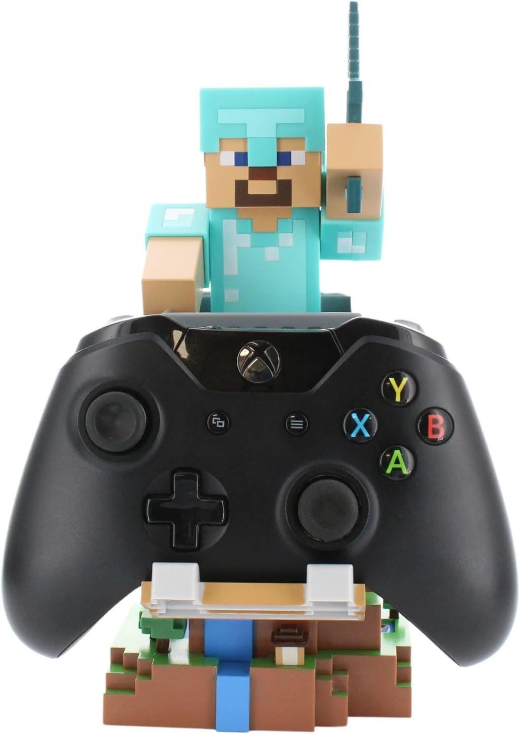 Figurine Minecraft Steve Armure Diamant - EXQUISITE GAMING - Cable Guys - Support écouteurs, smartphone ou petit accessoire - 20 cm