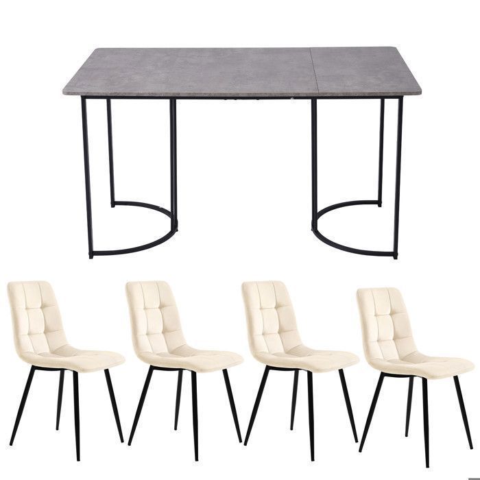 Conjunto de mesa de jantar de 140×80 cm com 4 cadeiras - Conjunto moderno de mesa e cadeiras para cozinha/sala de estar - Cadeiras de veludo, bege