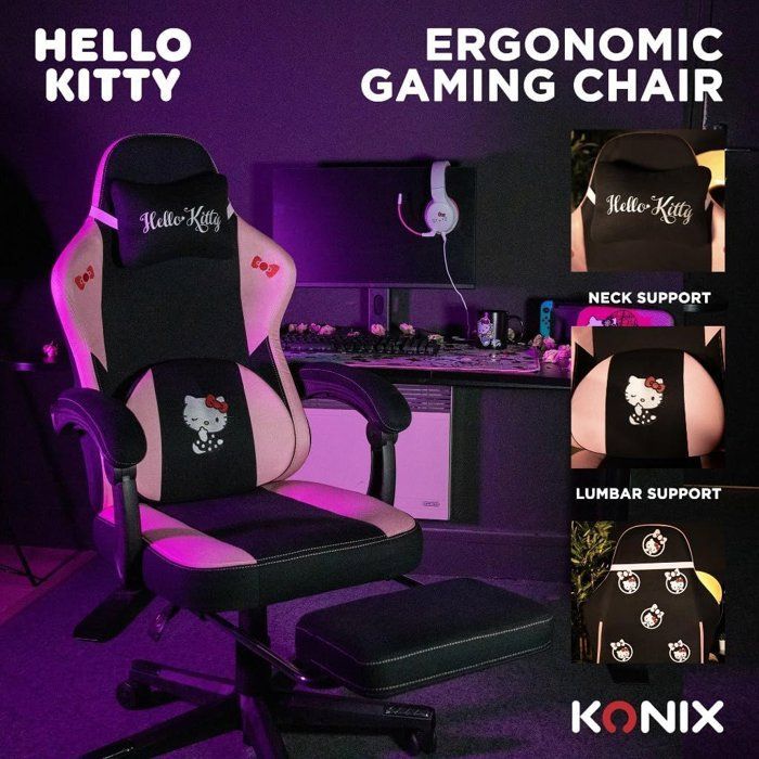 Chaise de Bureau Gaming - KONIX - Hello Kitty - Inclinaison siège 150° - Revêtement Tissu - Coussin - Repose-pieds - Noir et rose