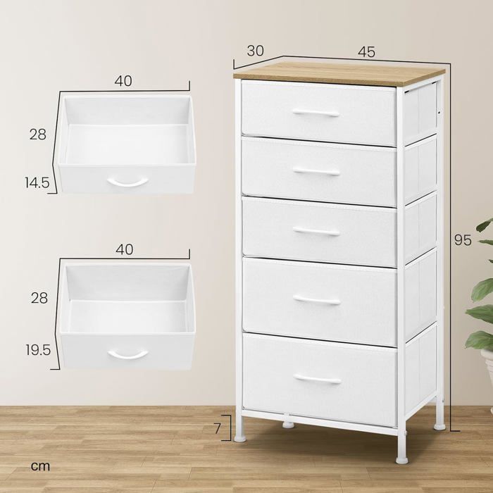 Commode - WOLTU - Armoire de Rangement - 5 Tiroirs en Tissu - MDF et métal - Blanc W0ITT5009
